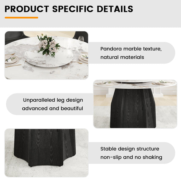 English Elm 59.05" Round Marble Dining Table With Lazy Susan, Black Oak Base, Seats 6-8, Elegant & Durable Design W1535S00460