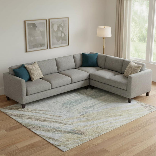 HomeRoots 10' Stylish Sky Blue, Gold & Taupe Striped Washable Area Rug with UV Protection for Busy Homes 697500