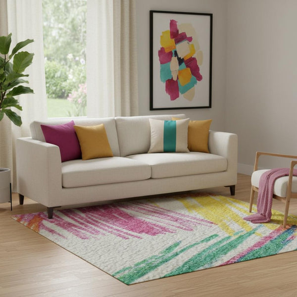 HomeRoots 5' X 8' Washable Striped Area Rug in White, Yellow & Pink - UV Protected, Stain Resistant, Non-Slip 697502