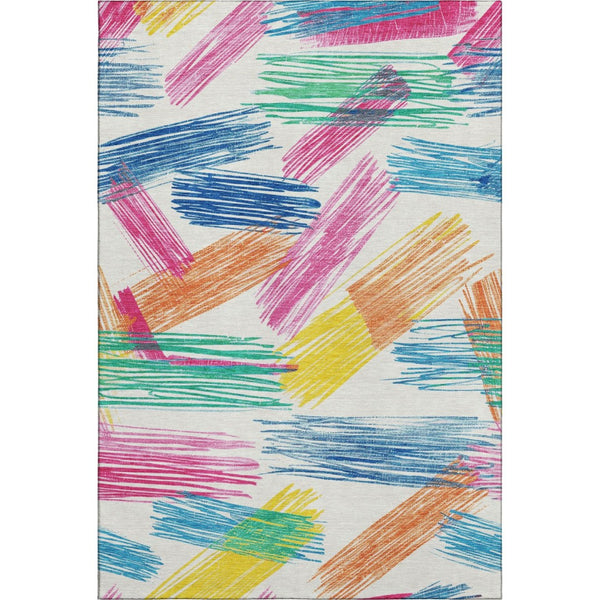 HomeRoots 5' X 8' Washable Striped Area Rug in White, Yellow & Pink - UV Protected, Stain Resistant, Non-Slip 697502