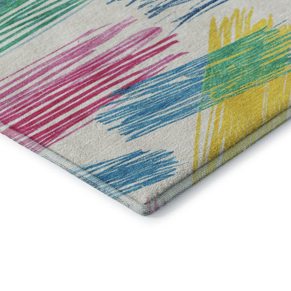 HomeRoots 5' X 8' Washable Striped Area Rug in White, Yellow & Pink - UV Protected, Stain Resistant, Non-Slip 697502