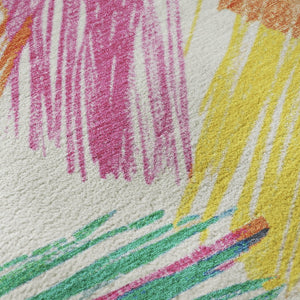 HomeRoots 5' X 8' Washable Striped Area Rug in White, Yellow & Pink - UV Protected, Stain Resistant, Non-Slip 697502