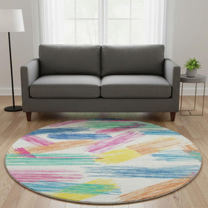 HomeRoots 8' Cheerful White, Yellow & Pink Striped Round Rug - Washable, UV Protected, Durable & Stylish Floor Decor 697503