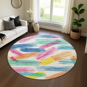 HomeRoots 8' Cheerful White, Yellow & Pink Striped Round Rug - Washable, UV Protected, Durable & Stylish Floor Decor 697503