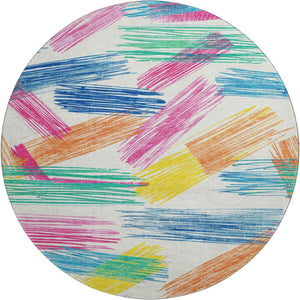 HomeRoots 8' Cheerful White, Yellow & Pink Striped Round Rug - Washable, UV Protected, Durable & Stylish Floor Decor 697503