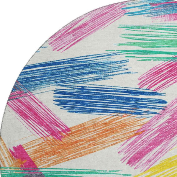 HomeRoots 8' Cheerful White, Yellow & Pink Striped Round Rug - Washable, UV Protected, Durable & Stylish Floor Decor 697503