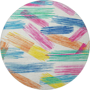 HomeRoots 8' Cheerful White, Yellow & Pink Striped Round Rug - Washable, UV Protected, Durable & Stylish Floor Decor 697503