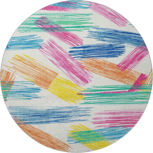 HomeRoots 8' Cheerful White, Yellow & Pink Striped Round Rug - Washable, UV Protected, Durable & Stylish Floor Decor 697503