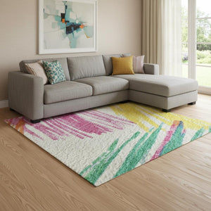 HomeRoots 8' x 10' Striped Area Rug in White, Yellow & Pink - Washable, UV-Protected, Durable & Stylish! 697504