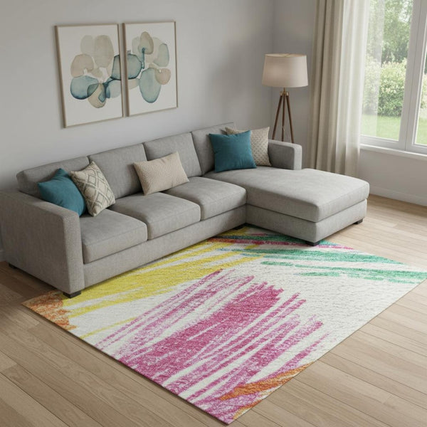 HomeRoots 9' X 12' Striped Washable Area Rug with UV Protection - Bright White, Yellow, Pink, Non-Slip Backing 697505