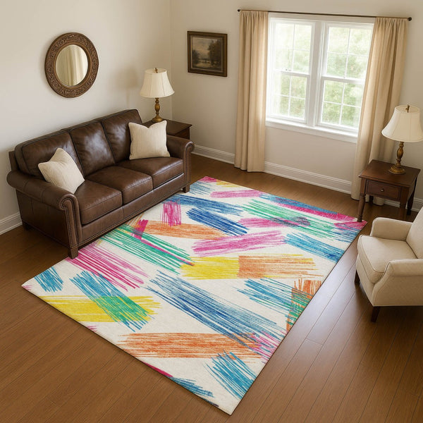 HomeRoots 9' X 12' Striped Washable Area Rug with UV Protection - Bright White, Yellow, Pink, Non-Slip Backing 697505