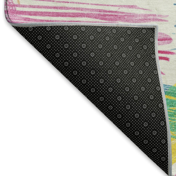 HomeRoots 9' X 12' Striped Washable Area Rug with UV Protection - Bright White, Yellow, Pink, Non-Slip Backing 697505