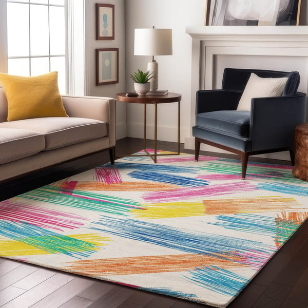 HomeRoots 9' X 12' Striped Washable Area Rug with UV Protection - Bright White, Yellow, Pink, Non-Slip Backing 697505