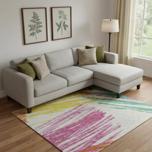HomeRoots 10' Washable Area Rug with UV Protection - Cheerful White, Yellow & Pink Stripes for Any Space! 697506