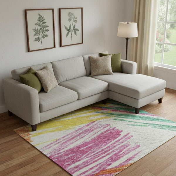 HomeRoots 10' Washable Area Rug with UV Protection - Cheerful White, Yellow & Pink Stripes for Any Space! 697506