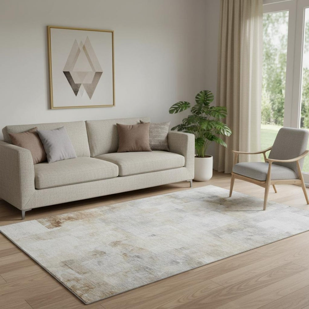HomeRoots 5' Abstract Washable Area Rug in Beige, Gray & Silver - Stain-Resistant, UV Protected & Durable Design 697508