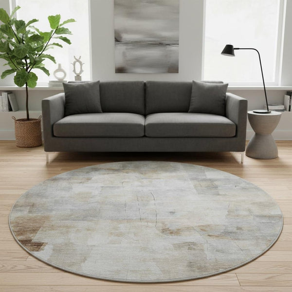 HomeRoots 8' Contemporary Washable Round Rug in Beige, Gray & Silver - UV Protected, Stain Resistant, Non-Slip 697509