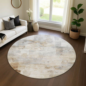 HomeRoots 8' Contemporary Washable Round Rug in Beige, Gray & Silver - UV Protected, Stain Resistant, Non-Slip 697509