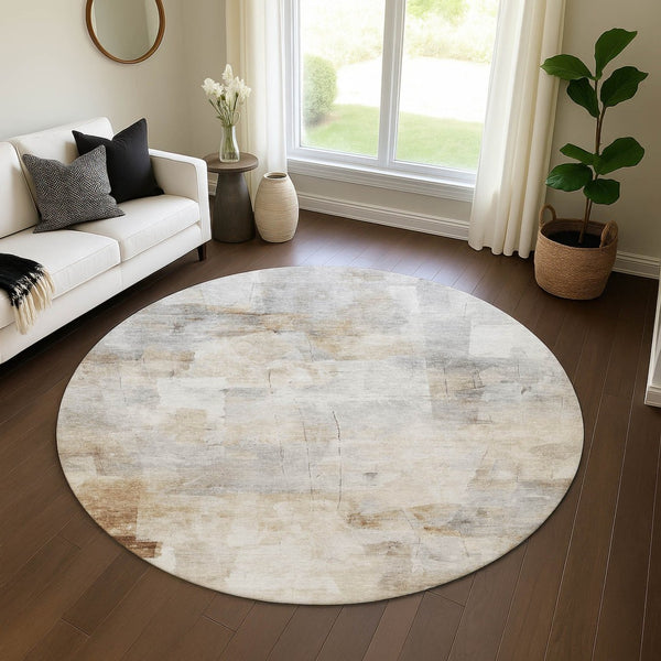 HomeRoots 8' Contemporary Washable Round Rug in Beige, Gray & Silver - UV Protected, Stain Resistant, Non-Slip 697509