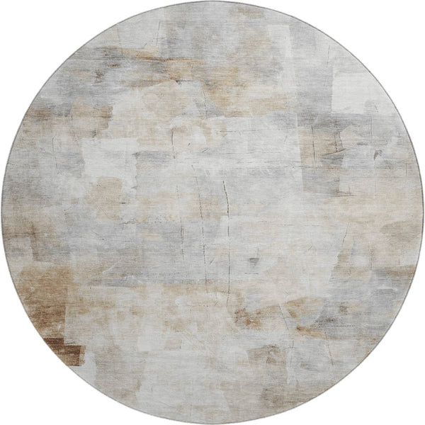 HomeRoots 8' Contemporary Washable Round Rug in Beige, Gray & Silver - UV Protected, Stain Resistant, Non-Slip 697509