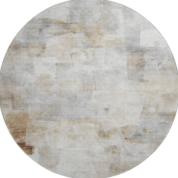HomeRoots 8' Contemporary Washable Round Rug in Beige, Gray & Silver - UV Protected, Stain Resistant, Non-Slip 697509