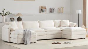 English Elm [video]136" Chenille U-shaped Sectional Six Seat Cloud Sofa with Movable Ottomans White N723S1687W