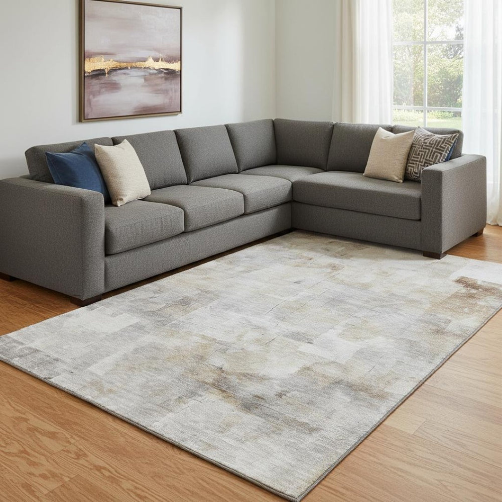 HomeRoots 8' X 10' Abstract Area Rug in Beige, Gray & Silver – Stylish, Washable, UV Protected & Non-Slip! 697510