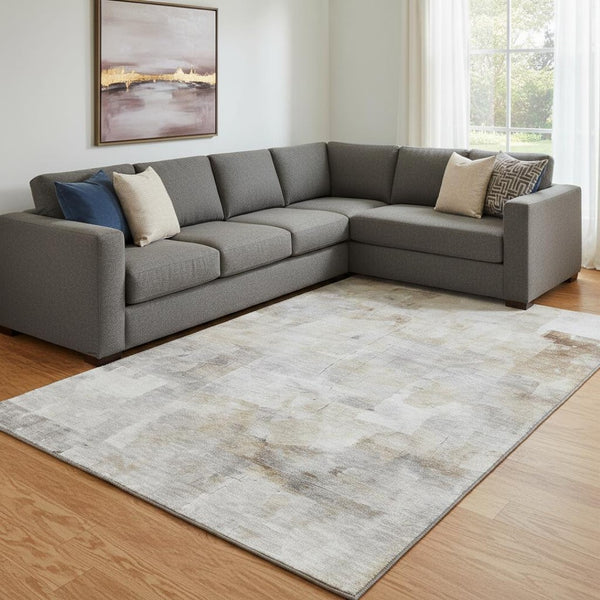 HomeRoots 8' X 10' Abstract Area Rug in Beige, Gray & Silver – Stylish, Washable, UV Protected & Non-Slip! 697510
