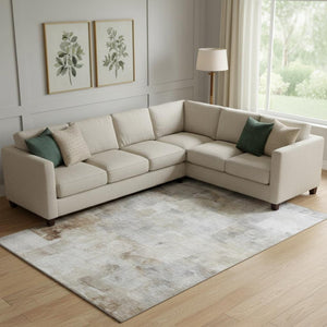 HomeRoots 9' x 12' Contemporary Beige Gray Abstract Washable Area Rug with UV Protection for Modern Spaces 697511