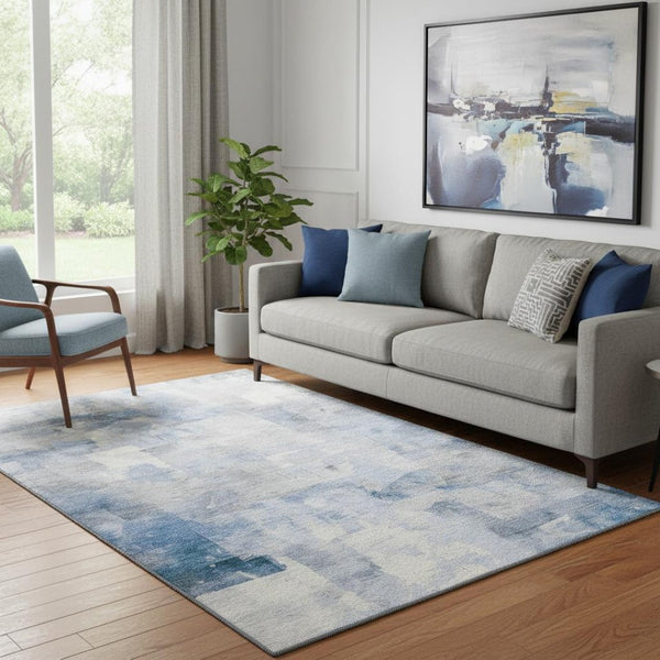 HomeRoots 5' X 8' Washable Denim Blue Gray Silver Abstract Area Rug with UV Protection for Home & Kids 697514