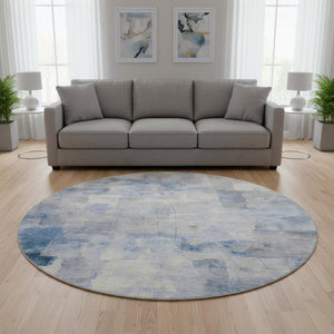 HomeRoots 8' Stylish Denim Blue Gray Silver Abstract Round Rug - Washable, UV Protected, Pet-Friendly Design 697515