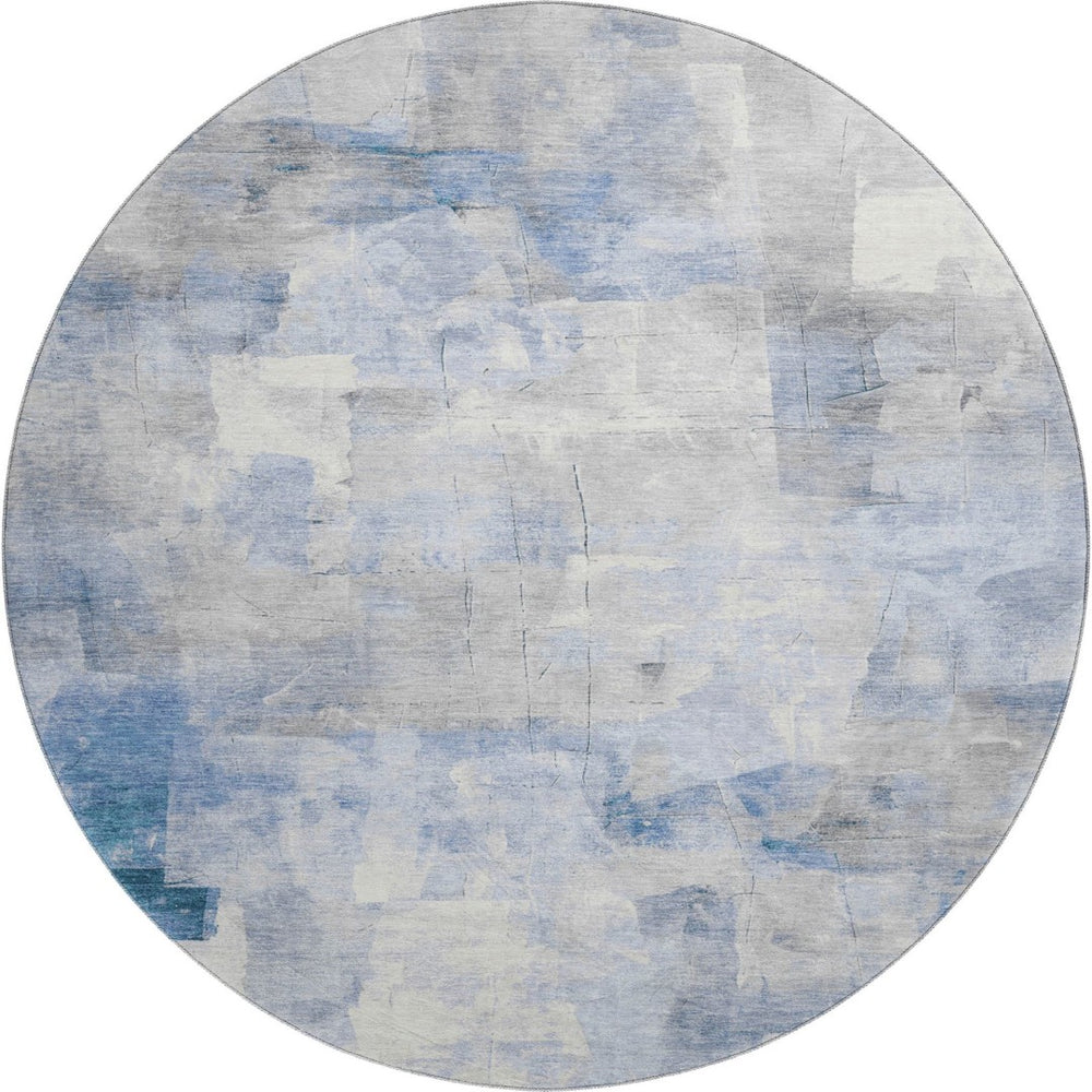 HomeRoots 8' Stylish Denim Blue Gray Silver Abstract Round Rug - Washable, UV Protected, Pet-Friendly Design 697515