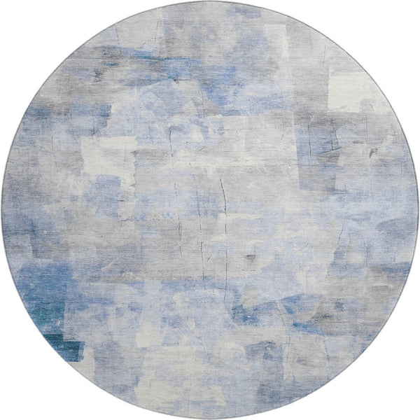 HomeRoots 8' Stylish Denim Blue Gray Silver Abstract Round Rug - Washable, UV Protected, Pet-Friendly Design 697515