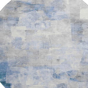 HomeRoots 8' Stylish Denim Blue Gray Silver Abstract Round Rug - Washable, UV Protected, Pet-Friendly Design 697515