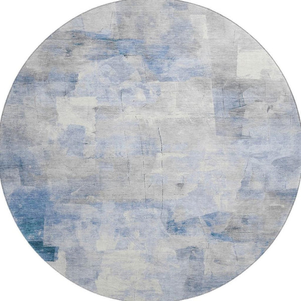 HomeRoots 8' Stylish Denim Blue Gray Silver Abstract Round Rug - Washable, UV Protected, Pet-Friendly Design 697515