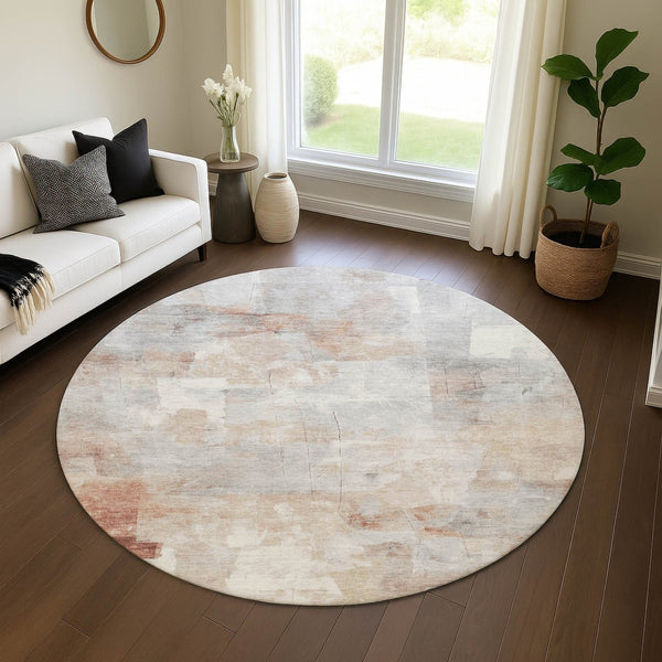 HomeRoots 8' Contemporary Rust Gray Silver Abstract Round Rug – Washable, UV Protected & Durable Design 697521