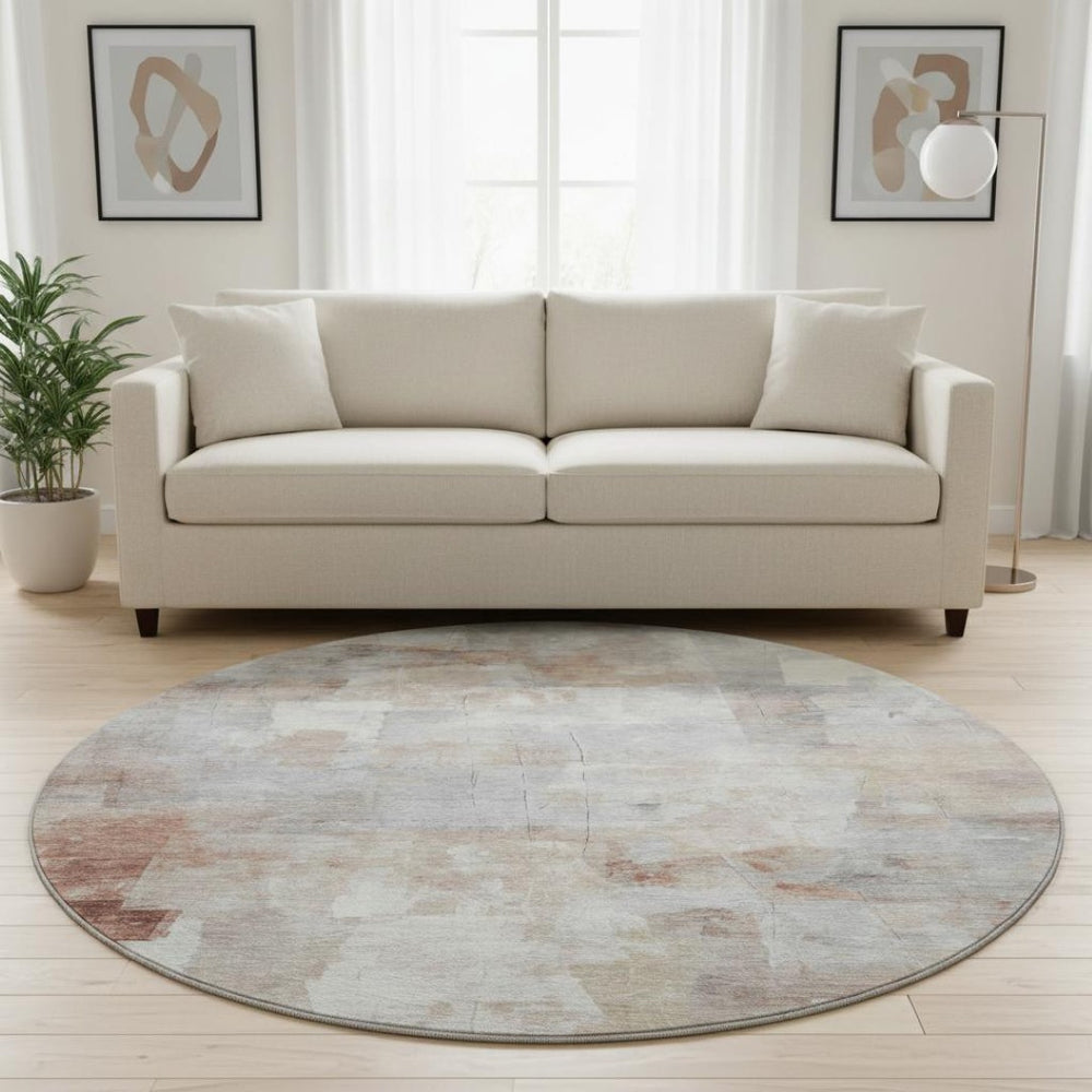 HomeRoots 8' Contemporary Rust Gray Silver Abstract Round Rug – Washable, UV Protected & Durable Design 697521