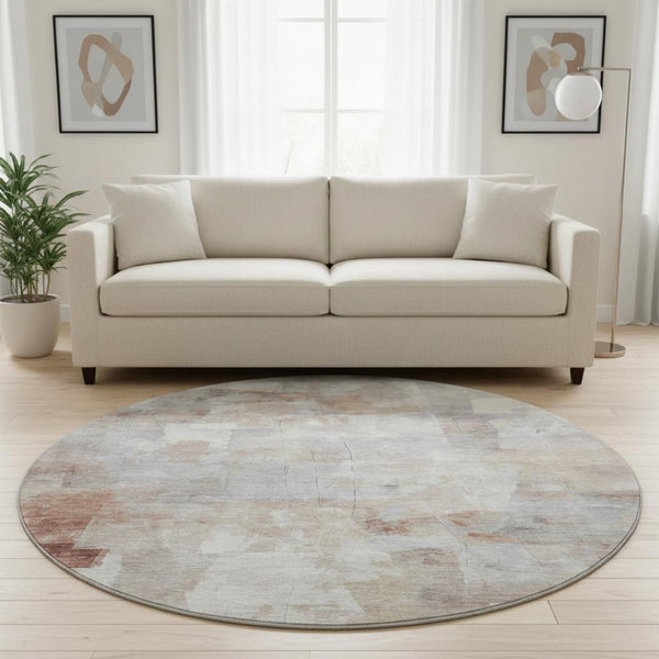 HomeRoots 8' Contemporary Rust Gray Silver Abstract Round Rug – Washable, UV Protected & Durable Design 697521