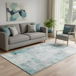 HomeRoots 5' Modern Teal Gray & Silver Abstract Washable Area Rug | UV Protected, Stain-Resistant Design 697526