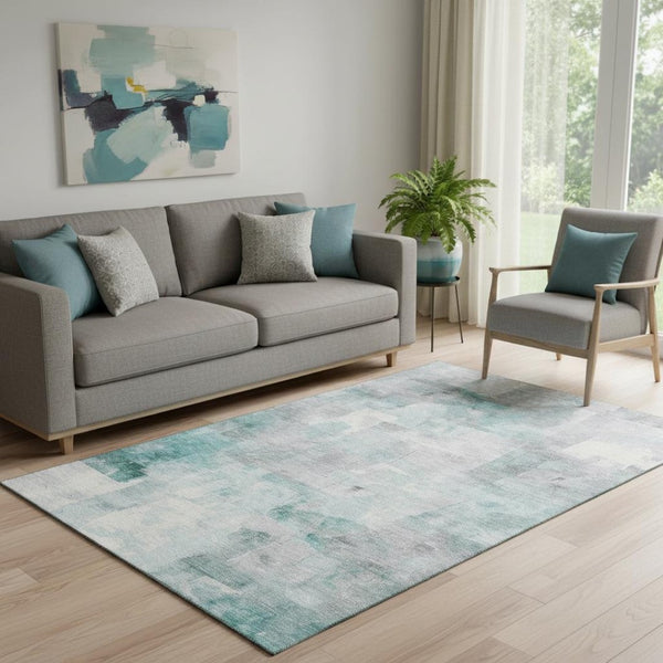 HomeRoots 5' Modern Teal Gray & Silver Abstract Washable Area Rug | UV Protected, Stain-Resistant Design 697526