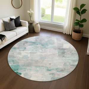 HomeRoots 8' Teal Gray and Silver Abstract Washable Round Rug with Stain Resistance and UV Protection Features 697527