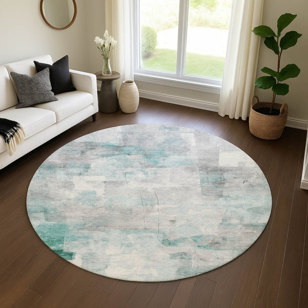 HomeRoots 8' Teal Gray and Silver Abstract Washable Round Rug with Stain Resistance and UV Protection Features 697527