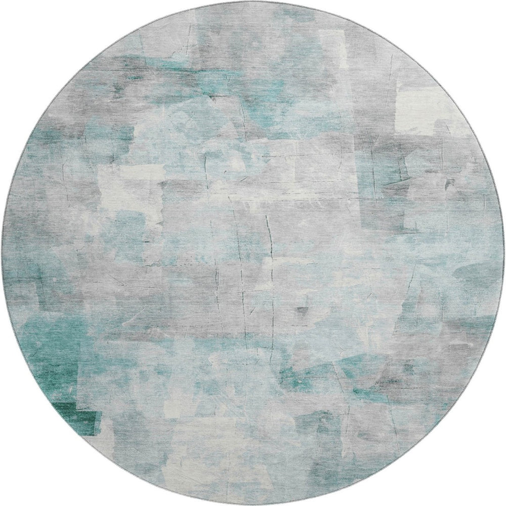 HomeRoots 8' Teal Gray and Silver Abstract Washable Round Rug with Stain Resistance and UV Protection Features 697527
