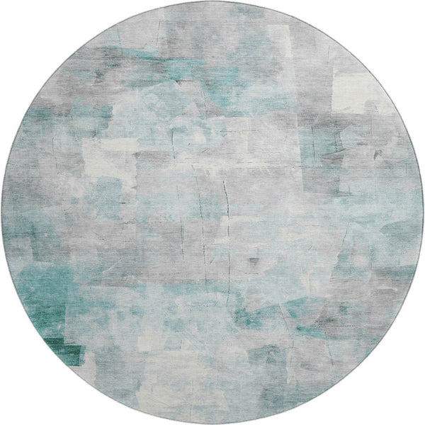 HomeRoots 8' Teal Gray and Silver Abstract Washable Round Rug with Stain Resistance and UV Protection Features 697527