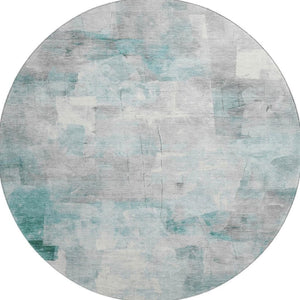 HomeRoots 8' Teal Gray and Silver Abstract Washable Round Rug with Stain Resistance and UV Protection Features 697527