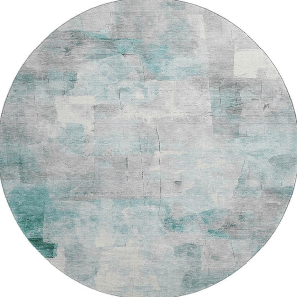 HomeRoots 8' Teal Gray and Silver Abstract Washable Round Rug with Stain Resistance and UV Protection Features 697527