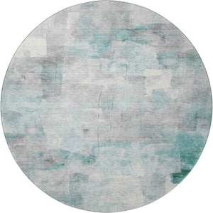 HomeRoots 8' Teal Gray and Silver Abstract Washable Round Rug with Stain Resistance and UV Protection Features 697527