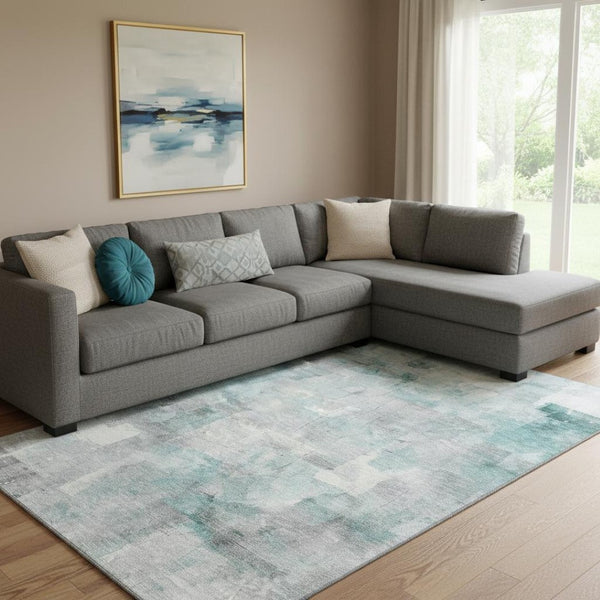 HomeRoots 8' X 10' Contemporary Teal Gray & Silver Abstract Washable Area Rug with Stain Resistance & UV Protection 697528