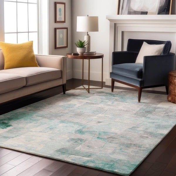 HomeRoots 9' X 12' Teal Gray & Silver Abstract Area Rug - Washable, UV-Resistant, Non-Slip for High-Traffic Homes 697529