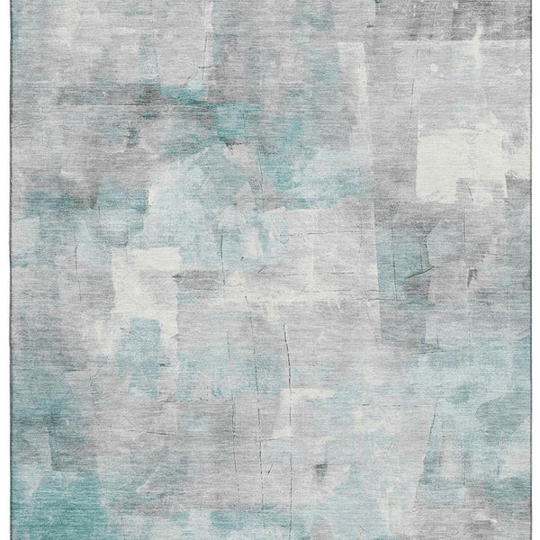 HomeRoots 9' X 12' Teal Gray & Silver Abstract Area Rug - Washable, UV-Resistant, Non-Slip for High-Traffic Homes 697529